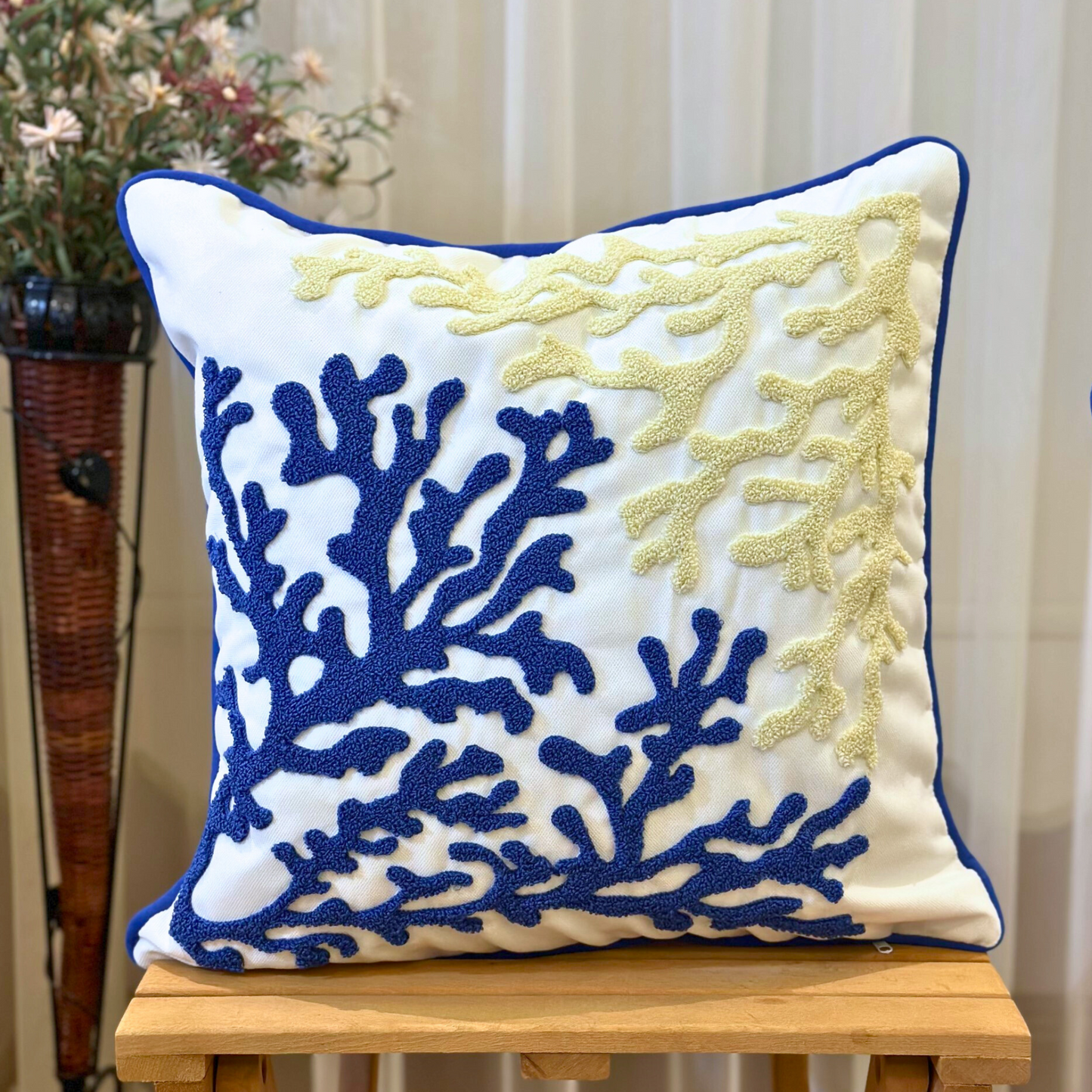 coral-reef-embroidered-pillow-cover-blue-beige-cream-color-punch-needle-pillow-cover