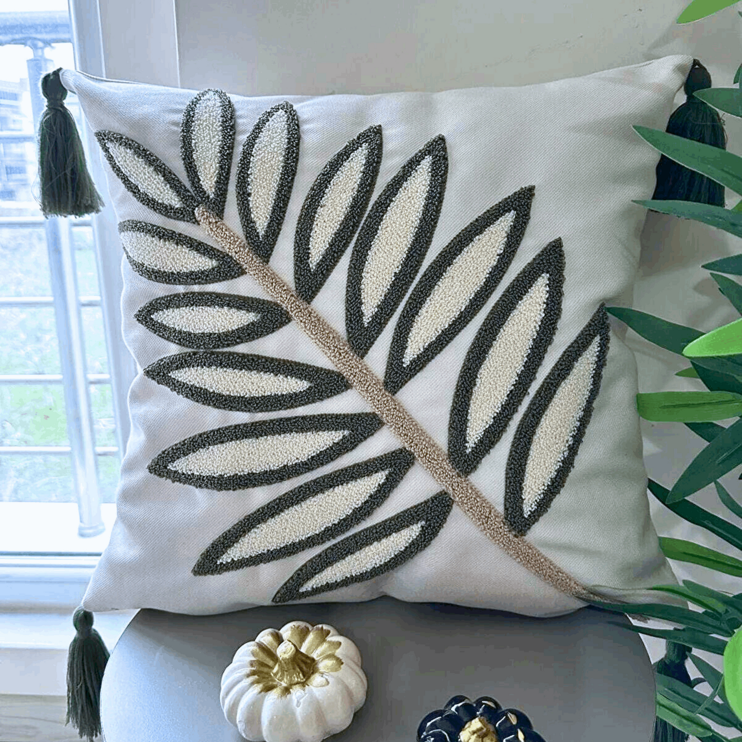 Green Leaves Turkish Punch Needle Throw Pillow Case, Embroidered Punch Pillow Cover
