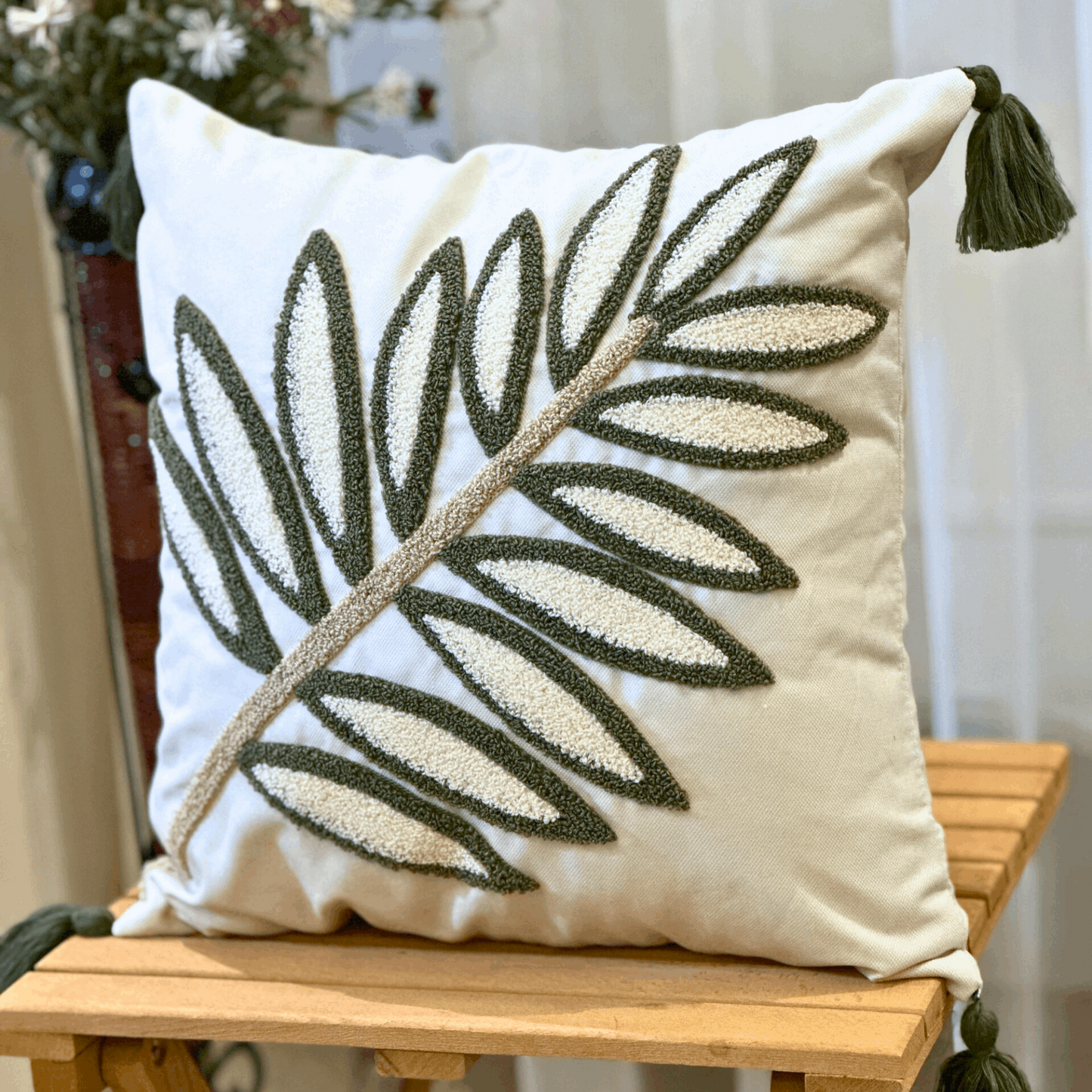 Green Leaves Turkish Punch Needle Throw Pillow Case, Embroidered Punch Pillow Cover