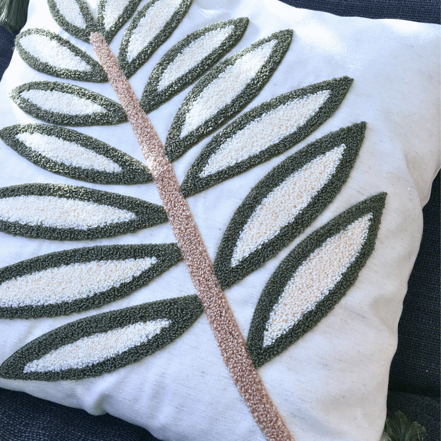 Green Leaves Turkish Punch Needle Throw Pillow Case, Embroidered Punch Pillow Cover