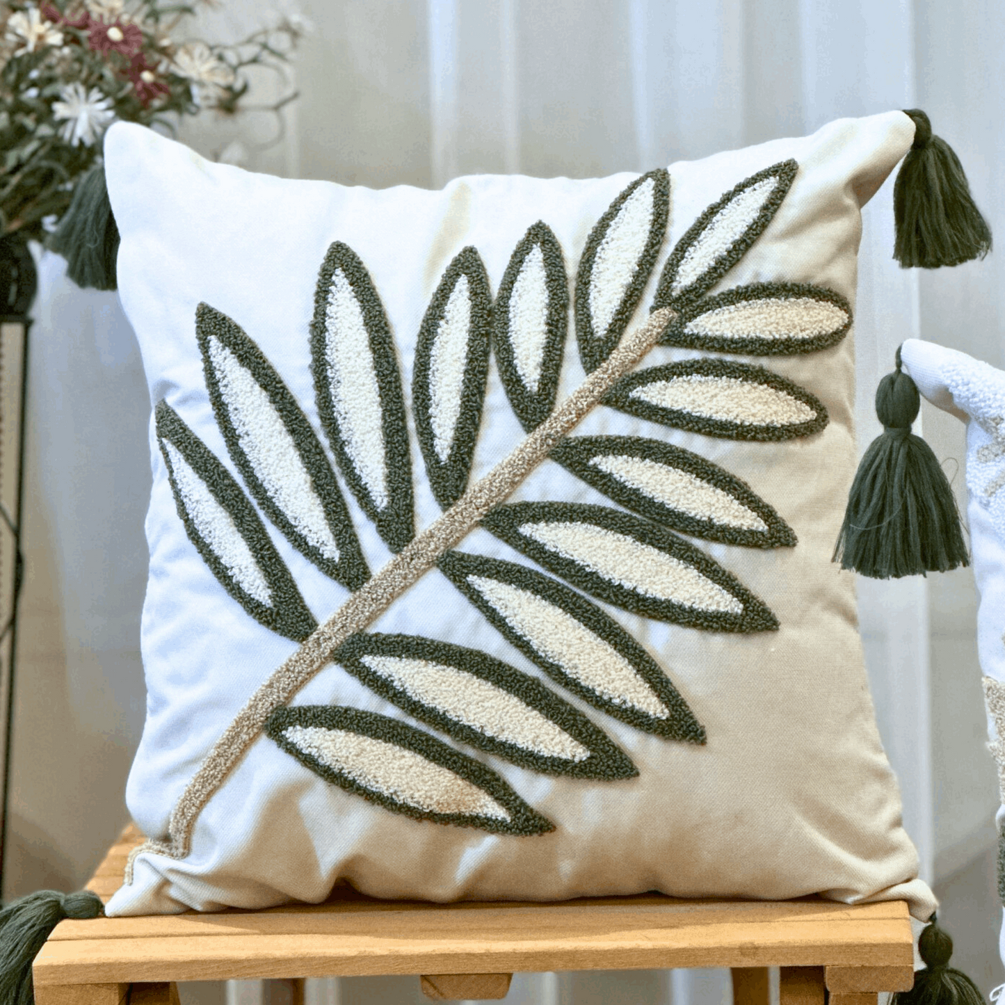 Green Leaves Turkish Punch Needle Throw Pillow Case, Embroidered Punch Pillow Cover