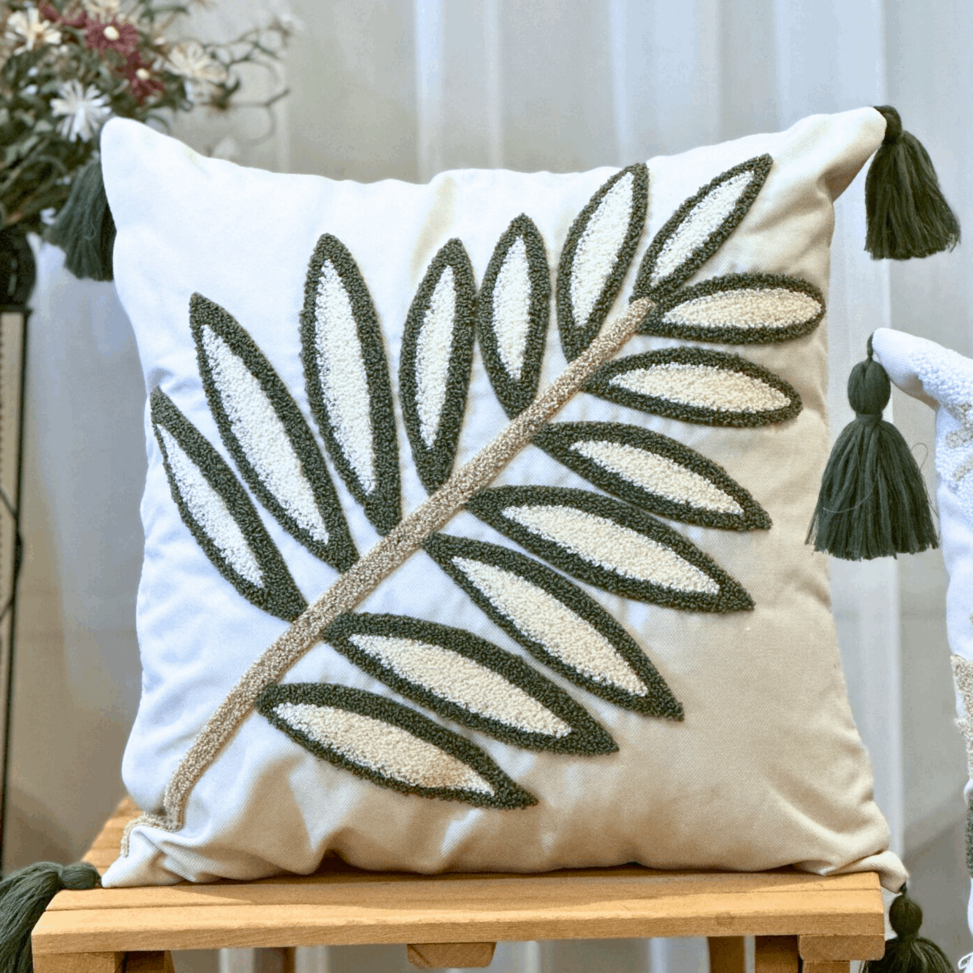 Green Leaves Turkish Punch Needle Throw Pillow Case, Embroidered Punch Pillow Cover