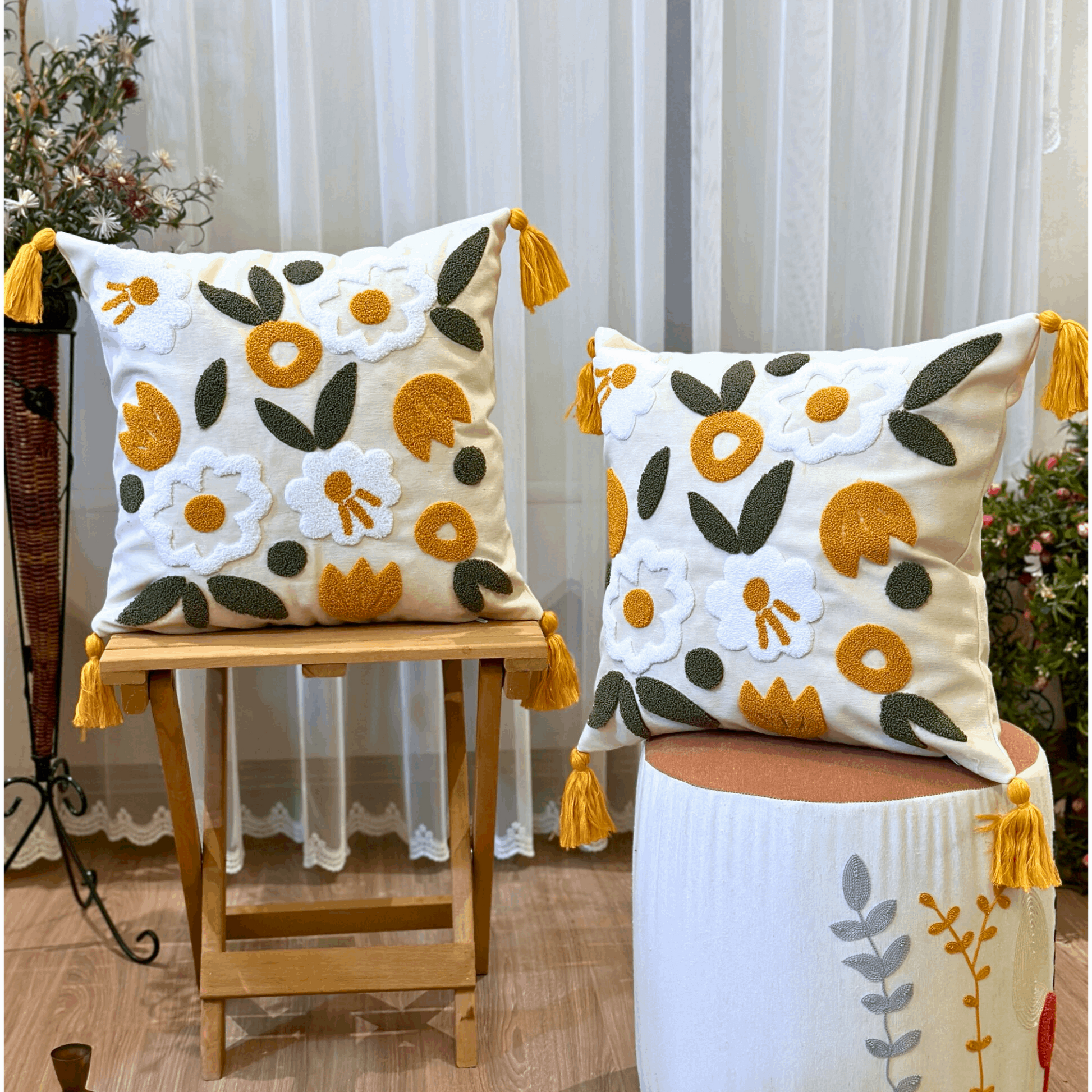 Daisy Embroidered Throw Pillow Cover, Punch Needle Multi Colorful Flower Pillow Case