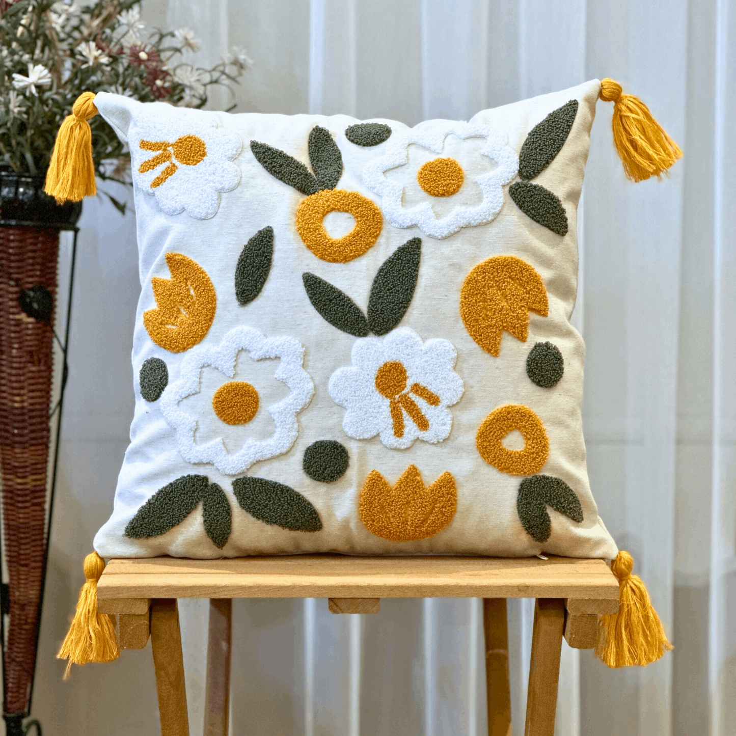 Daisy Embroidered Throw Pillow Cover, Punch Needle Multi Colorful Flower Pillow Case