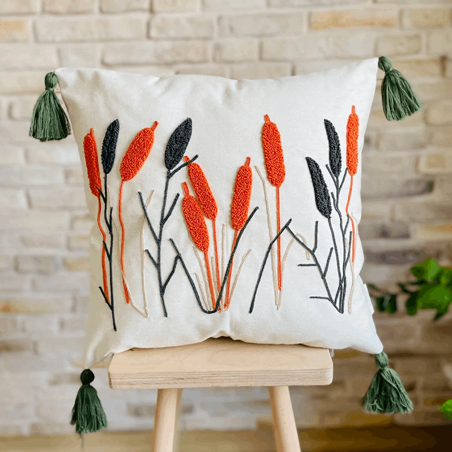 Colorful Embroidered Throw Pillow Cover, Tufted Pillow, Floral Plant Decor