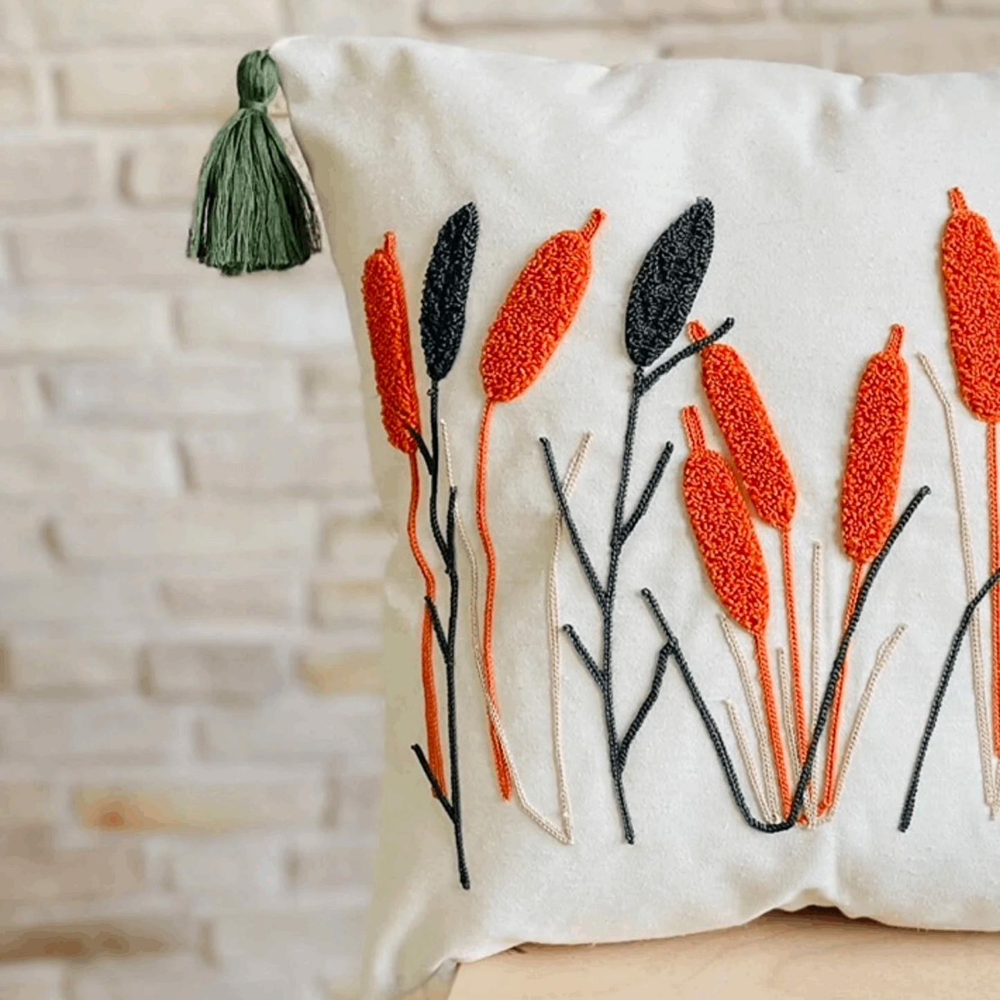 Colorful Embroidered Throw Pillow Cover, Tufted Pillow, Floral Plant Decor