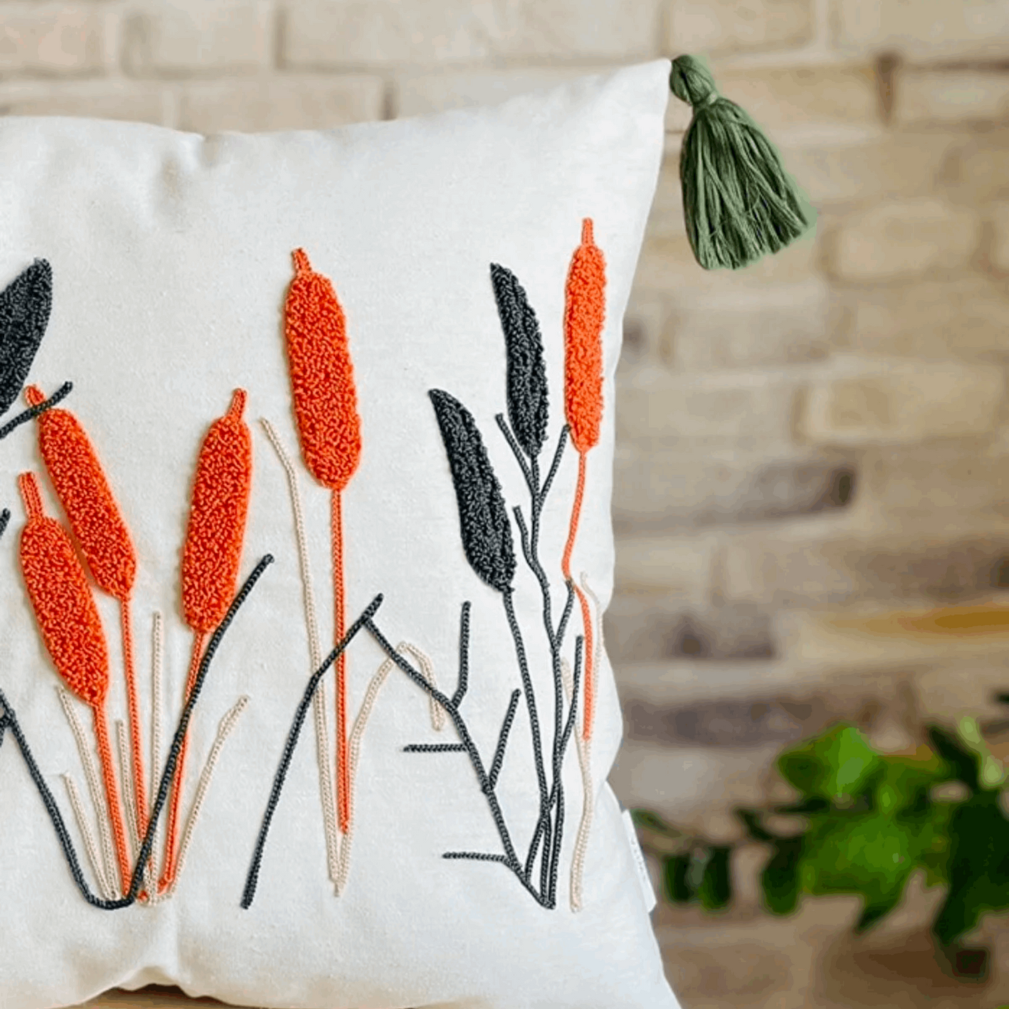Colorful Embroidered Throw Pillow Cover, Tufted Pillow, Floral Plant Decor