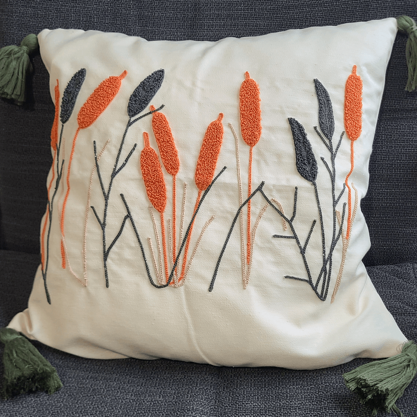 Colorful Embroidered Throw Pillow Cover, Tufted Pillow, Floral Plant Decor