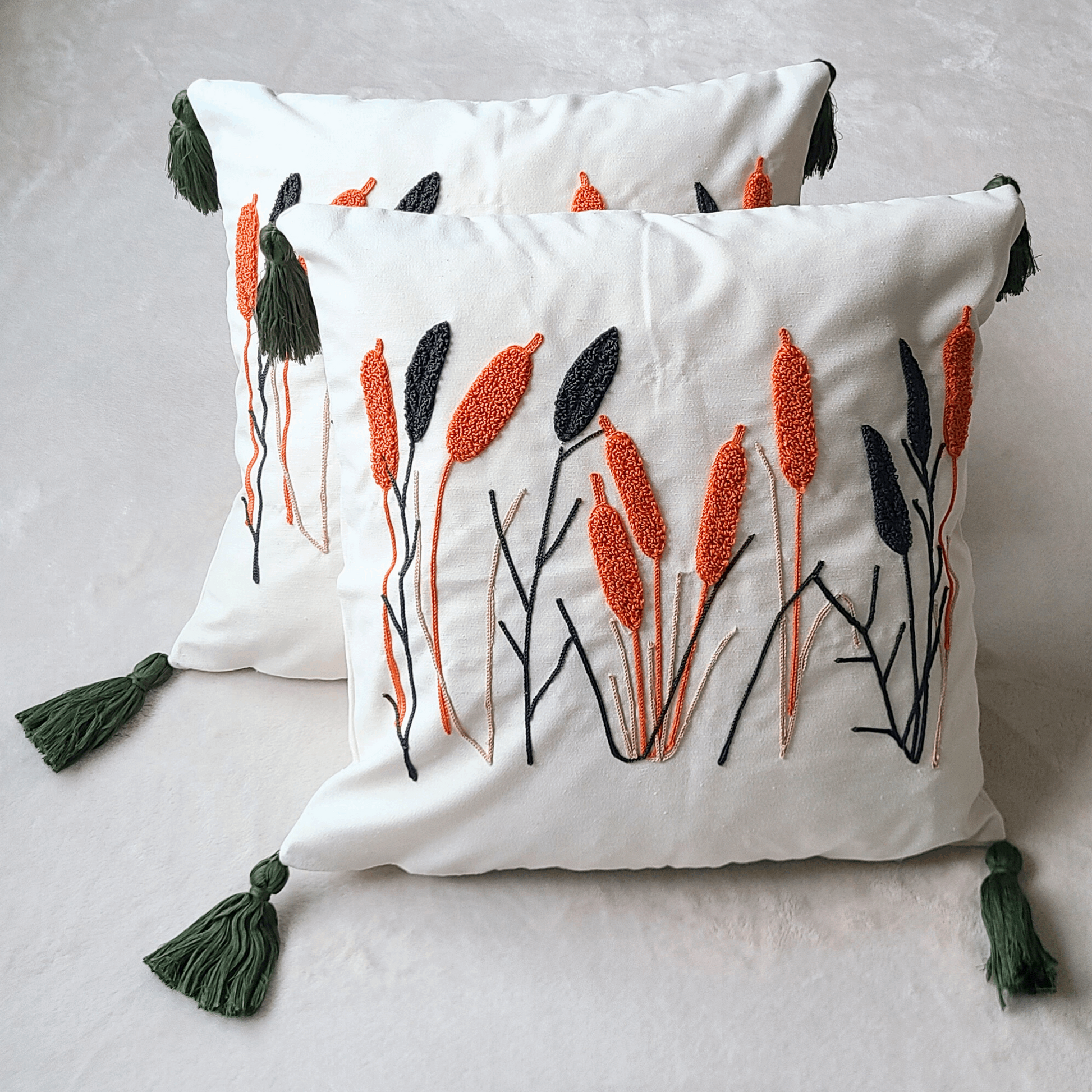 Colorful Embroidered Throw Pillow Cover, Tufted Pillow, Floral Plant Decor