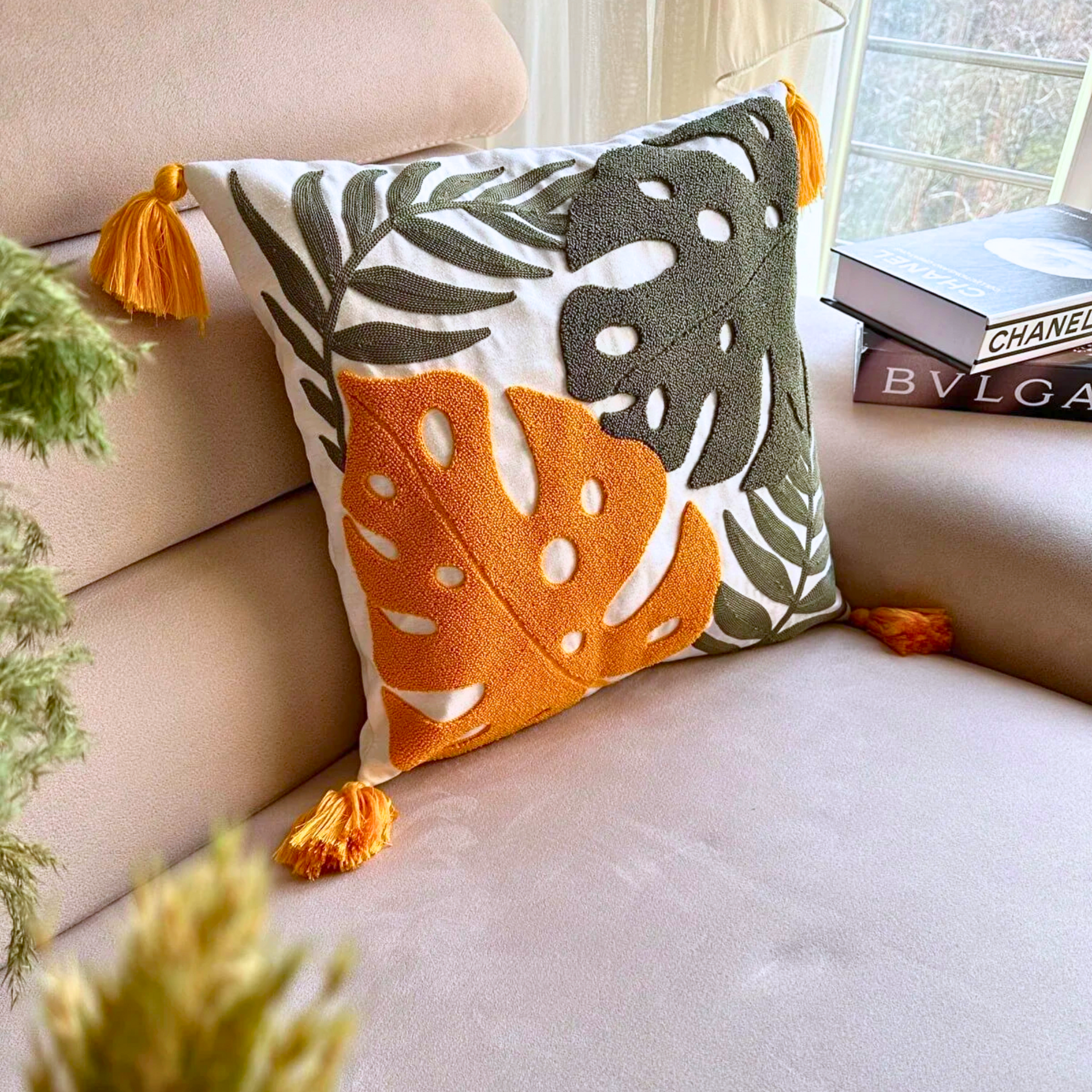 tropical-leaves-embroidered-pillow-cover-colorful-throw-punch-needle-pillow-cover-multi-color-burst-of-colors-pillowcase-unique-gift-idea