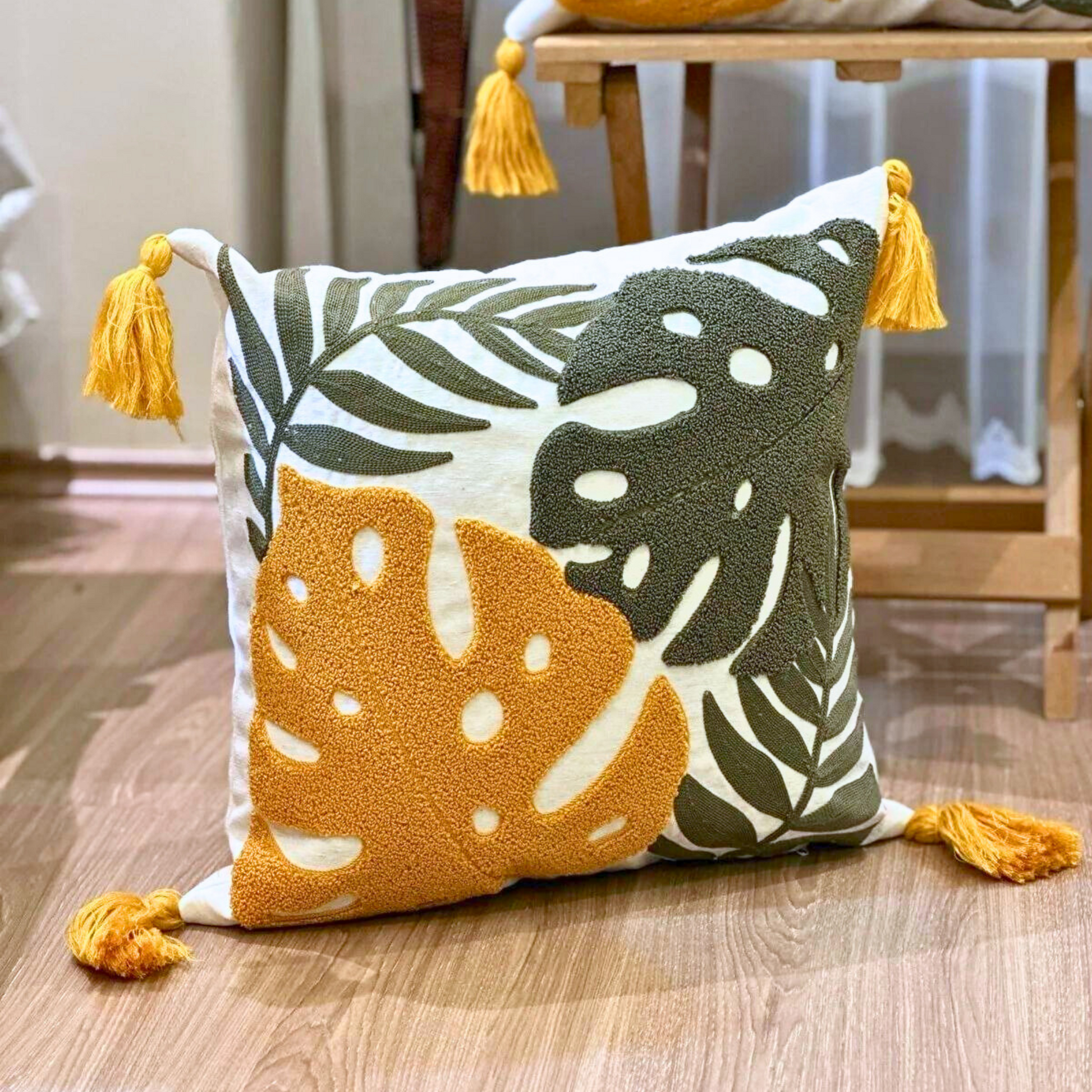 tropical-leaves-embroidered-pillow-cover-colorful-throw-punch-needle-pillow-cover-multi-color-burst-of-colors-pillowcase-unique-gift-idea